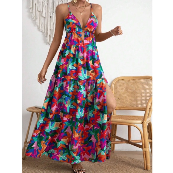 Tropical Floral Multicolor Maxi Cami Cut Out Criss Cross Straps Dress Babydoll - Picture 4 of 7